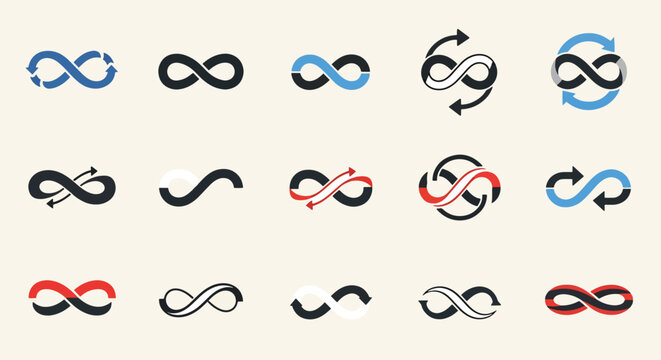 Infinity symbols in various colors and styles on beige background