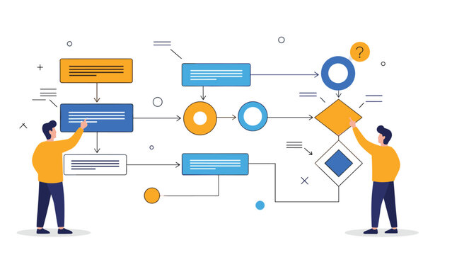 Business process mapping and workflow optimization concept with two professionals analyzing a complex flowchart.