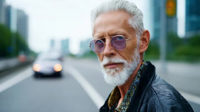 A confident elderly man with silver hair and stylish sunglasses exudes charisma as he stands beside a busy road, showcasing urban life and timeless fashion.