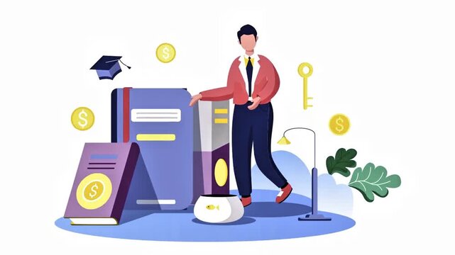 Professional presenting educational books and graduation cap with light bulb and key icons symbolizing career growth and success.