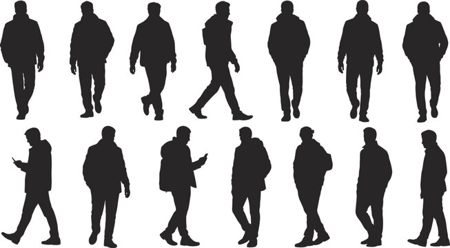 Collection of black silhouettes featuring men wearing jackets walking and using phones isolated on white background for urban lifestyle designs.