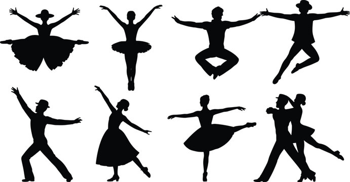 Collection of Dancer Silhouettes Featuring Ballet Ballerinas and Ballroom Dance Couples in Elegant Performance Poses for Stage and Theater Design