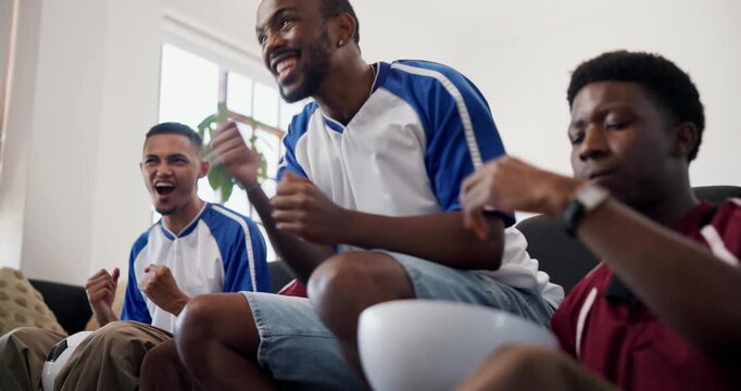 Celebrate, excited and friends watching tv on couch, rival teams or competitive fans for football game. Handshake, below or people with soccer match live stream in home, frustrated or happy for goal