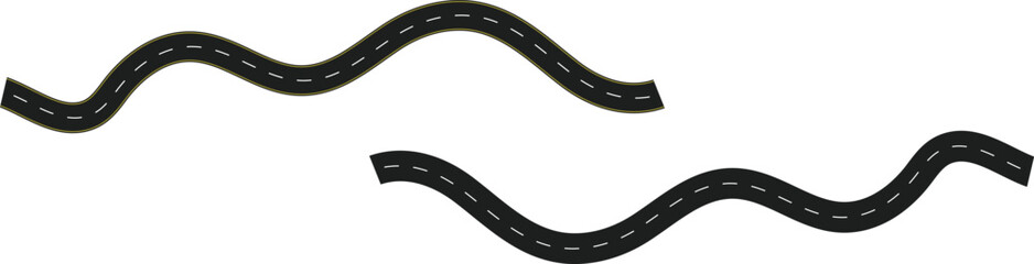 Winding road illustrations with dashed white lines and yellow borders, suitable for transportation themes, travel graphics, or abstract background elements. © anamull2004