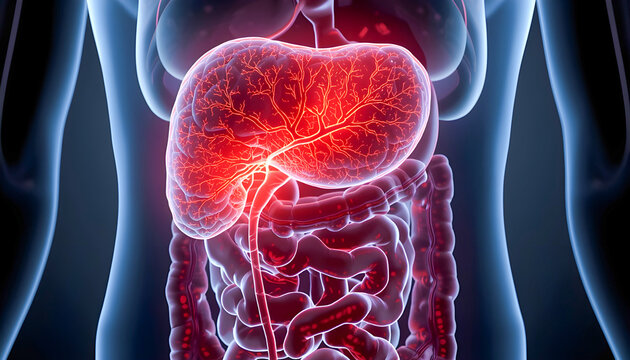 Pancreas Inflammation Concept, Intense Red Glowing Pancreatitis with Surrounding Organs, Digestive System Medical Illustration, Realistic Anatomy 8K No Face Poster