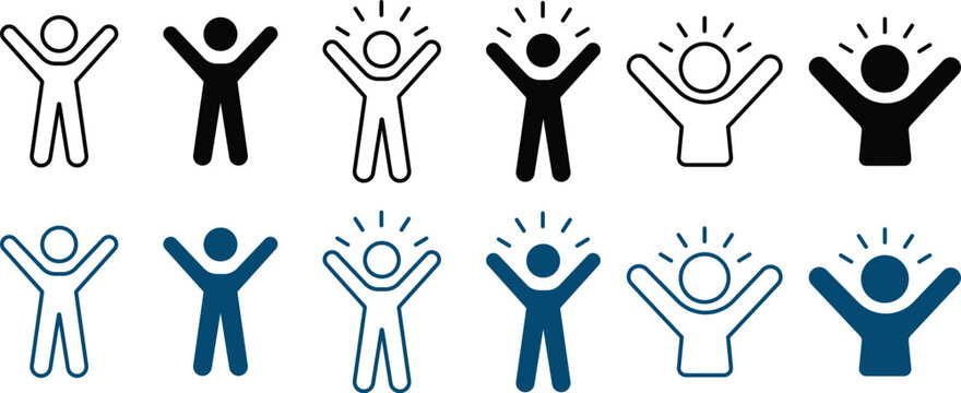 Set of human figure icons with raised arms in celebration or excitement, featuring outline, solid black, and blue versions with optional radiant halo effect above head.
