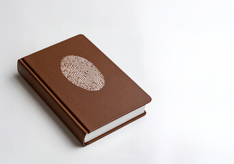 Libro marron con huella digital en portada sobre fondo neutro, concepto de derechos de autor, propiedad intelectual, creatividad, protección legal y valor del trabajo creativo