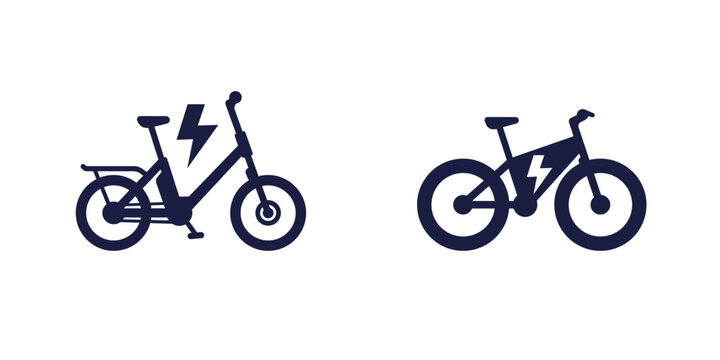 Electric bicycle icons, vector pictograms of electric bike on white