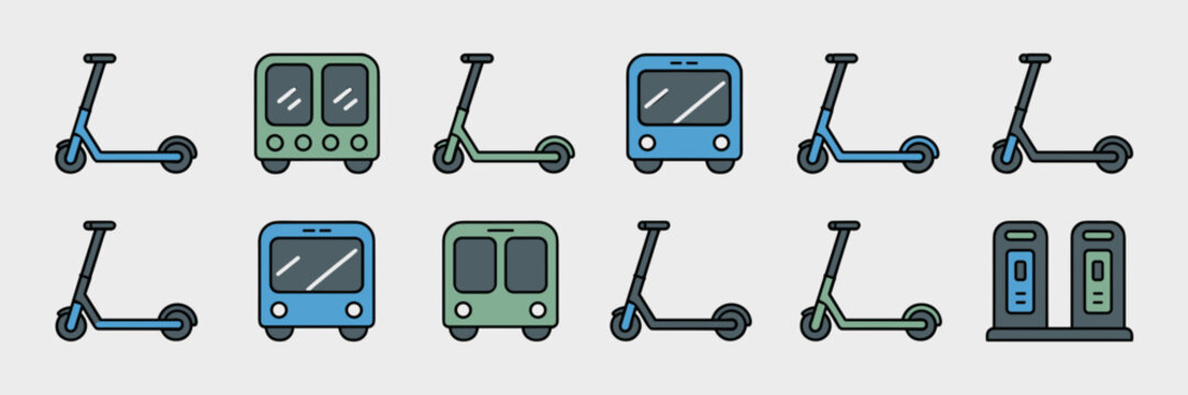 Sustainable transport and scooter sharing icons &ndash; Suitable for shared mobility, bike lanes, and urban transit design.
