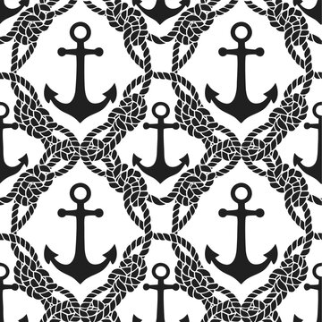 Seamless Nautical Anchor Pattern with Rope Silhouette; Minimalist Black and White Marine Vector Background for Coastal Branding, Textile, and Summer Apparel Design