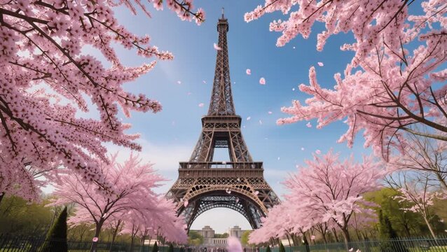 Eiffel Tower Framed by Pink Cherry Blossoms with Falling Petals in Paris Springtime