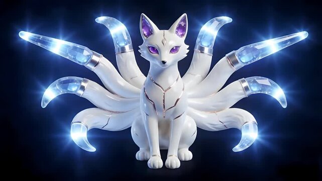 AI Distributed Computing Concept: 3D Mechanical Nine-Tailed Fox with Pulsing Sapphire Core, Kintsugi White Porcelain, Professional VFX Isolated Asset, 4K Stable Render