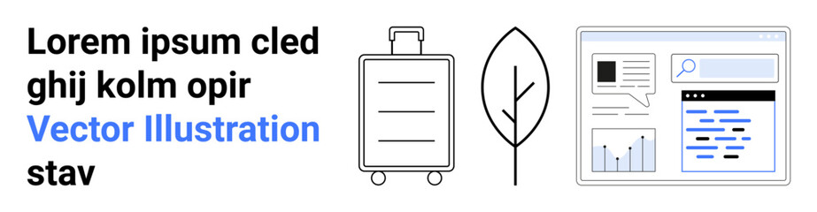Business operations, eco-friendly practices, travel planning, design layouts, web analytics, and online tools. A suitcase, leaf symbol and browser interface. Business operations and eco-friendly © robu_s