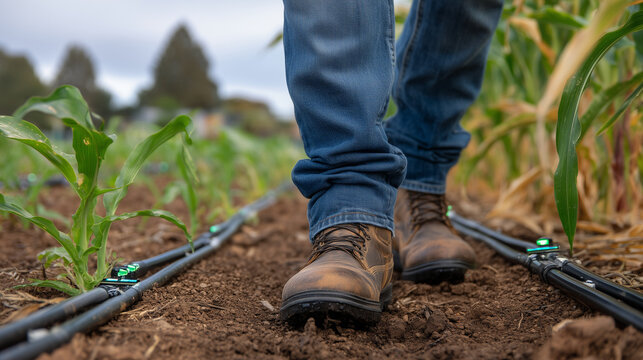 Farmer's weathered boots walk between rows of amaranth and sorghum crops, soil moisture sensors embedded in cracked earth while drip irrigation tubes snake through drought resistan