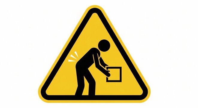 Warning sign depicts a person bending to lift an object, highlighting the risk of back injury from improper.