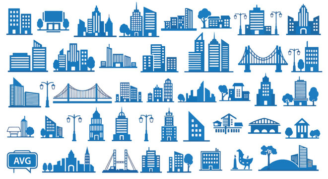 City Skyline Landmarks and Urban Icons in Blue Silhouette