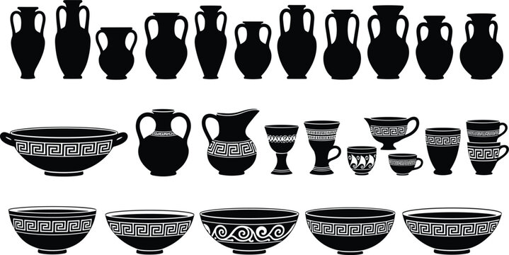 Black and white silhouette icon collection of ancient Greek pottery including amphorae, vases, bowls, and cups decorated with traditional meander Greek key and wave patterns.