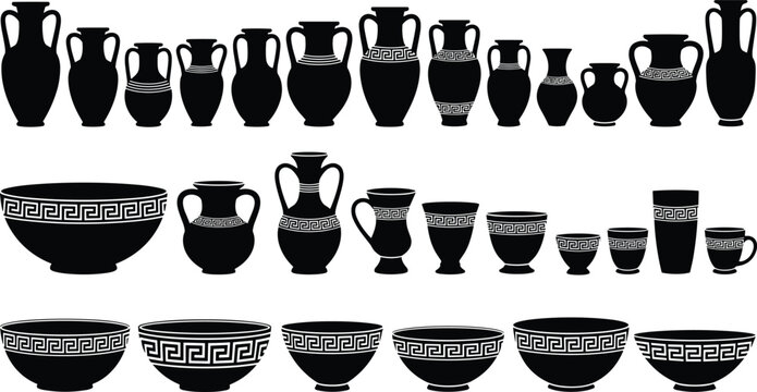 Black and white silhouette icon collection of ancient Greek and Roman pottery including amphorae, vases, and decorative bowls with traditional meander key patterns.