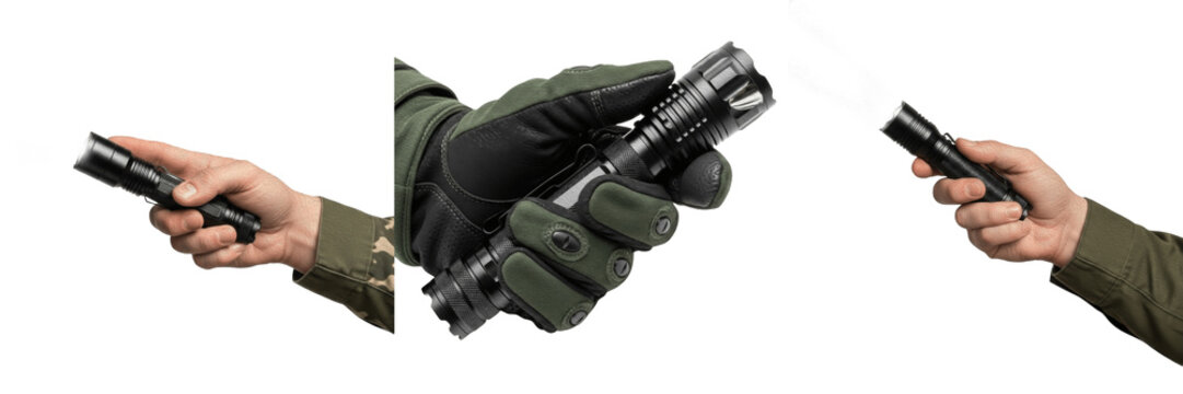 Soldier hand holding tactical LED flashlight set isolated on white background for military and survival