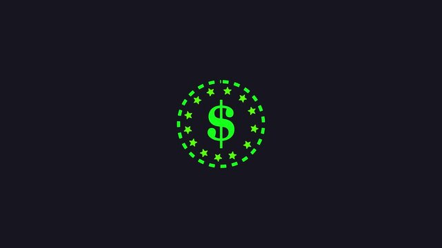 Green dollar sign inside a circular border of dashed lines and stars on a dark background Keywords: dollar sign, money, finance, currency, symbol, icon, green, dark background, circle, stars