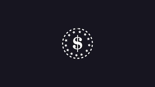 White dollar sign inside a circular border of dashed lines and stars on a dark background Keywords: dollar sign, money, finance, currency, symbol, icon, white, dark background, circle, stars