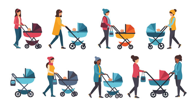 Diverse mothers walking with various baby strollers in different colors