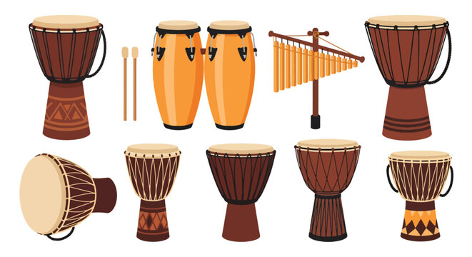 Collection of various traditional African drums and percussion instruments