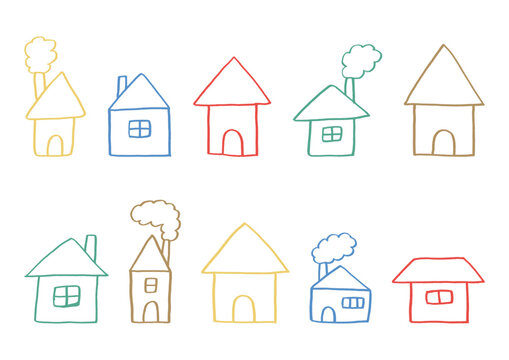 窓や煙突がある家のゆるいカラフルな線画の手描きイラストセット
