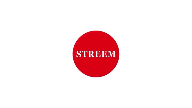Red circle with white text STREM and two white dashes on a white background streem logo