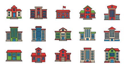 Colorful cartoon school building icons set. © AAS CREATIVE