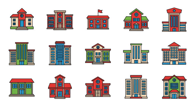 Colorful cartoon school building icons set.