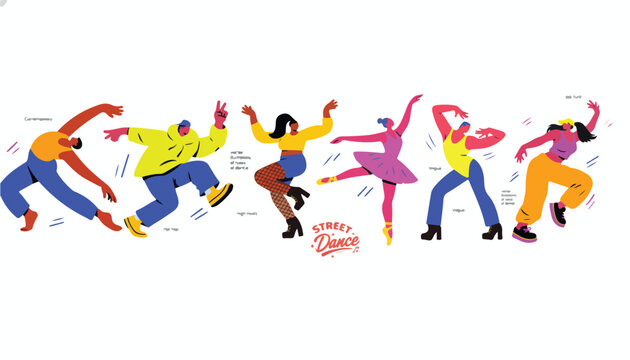 Modern street dance vector illustration, diverse group of people dancing hip hop and ballet, vibrant flat character design for urban culture