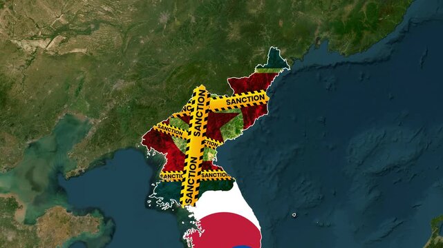 sanctions imposed on North Korea with flag over map zoom out motion graphic