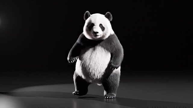 Cute chubby panda dancing playfully, pure black background, ultra realistic 3D CGI, highly detailed soft fur, studio lighting, smooth shadow, centered composition, funny dance moves