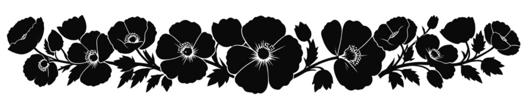 Botanical Flower Border Silhouette with Leaves and Petals Design. Decorative Floral Vine Border with Blooming Flowers Illustration. Elegant Floral Ornament Border Black Nature Pattern Illustration.