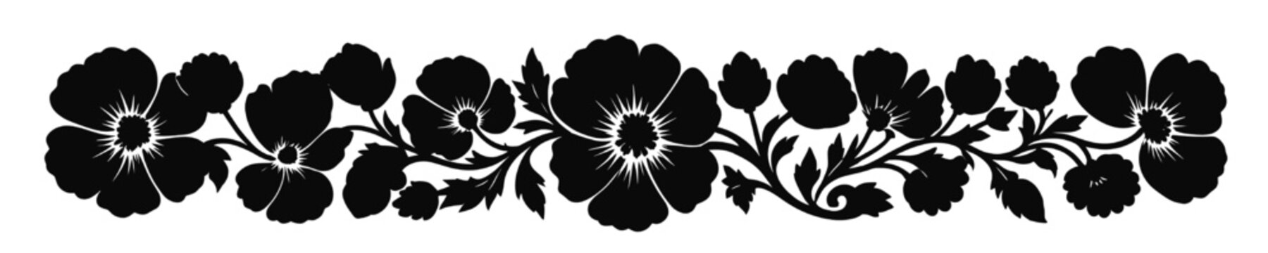 black floral border silhouette with blooming flowers leaves and decorative vine pattern
