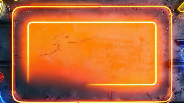 Neon sign in the shape of a rectangle with light on inside, set against dark background.