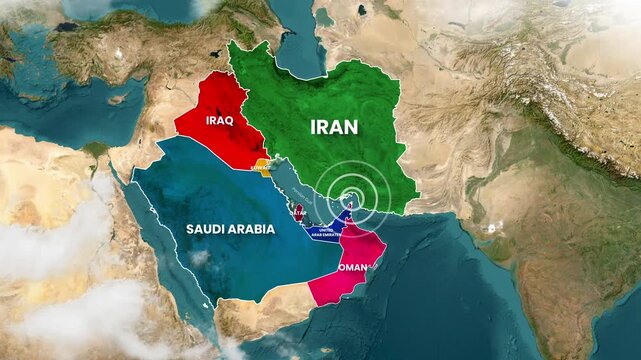 Animated map footage showing the Middle East tension near the Strait of Hormuz motion