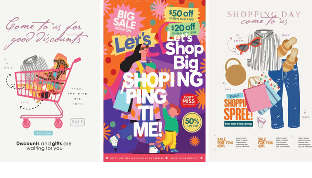 Fashion shopping sale banners, colorful retail promotion posters with shopping cart and clothing, vertical social media marketing templates