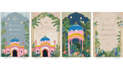 Indian wedding invitation templates with Mughal architecture, set of 4 vector cards with palace illustrations, tropical botanical garden and peacock motifs © Asia