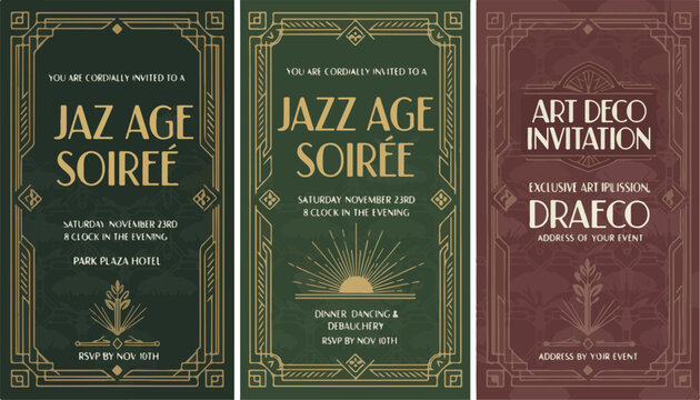Art Deco invitation templates for Jazz Age Soiree, vintage Gatsby style party flyers with gold geometric borders, set of 3 elegant vector cards