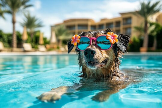 Funny wet dog floats in swimming pool with flower sunglasses at a resort hotel on a summer holiday