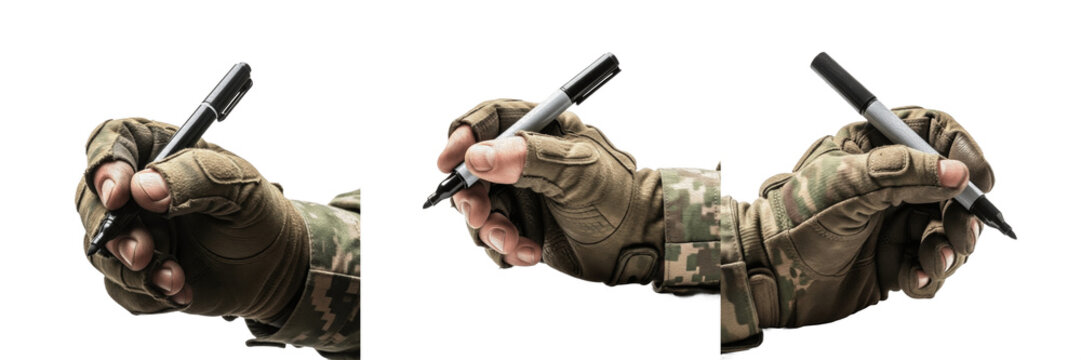 Tactical gloved hand holding black permanent marker pen for military mission isolated on white background