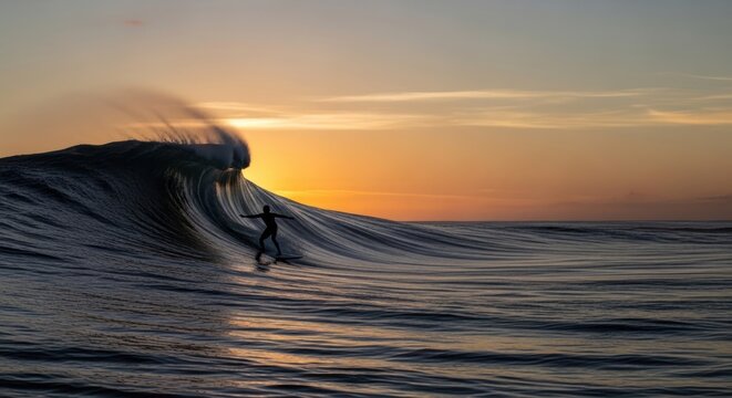 Surfer riding wave at sunset ocean.