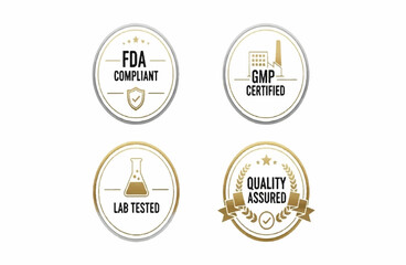 Fototapeta premium Professional certification seal set with FDA compliant and GMP certified badges, quality assured and lab tested gold and silver vector icons isolated PNG with Transparent Background