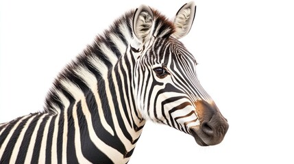 Fototapeta premium Close-up of a zebra's head, showcasing striking black and white stripes against white