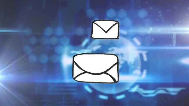 Animation of data processing and envelope icons over black background