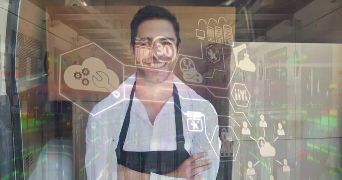 Network of digital icons over caucasian delivery man showing thumbs up against night city traffic
