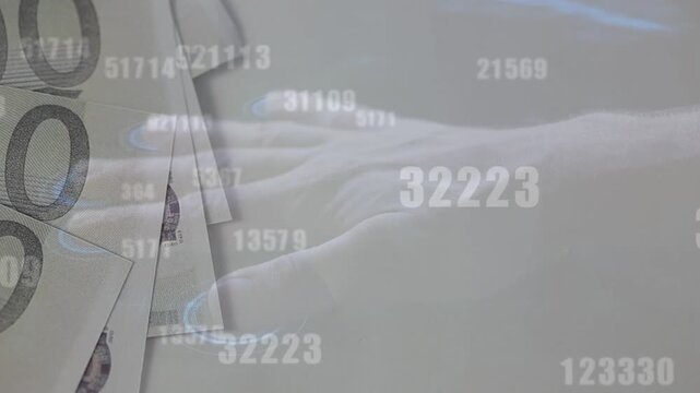 Animation of data processing over hand and banknotes