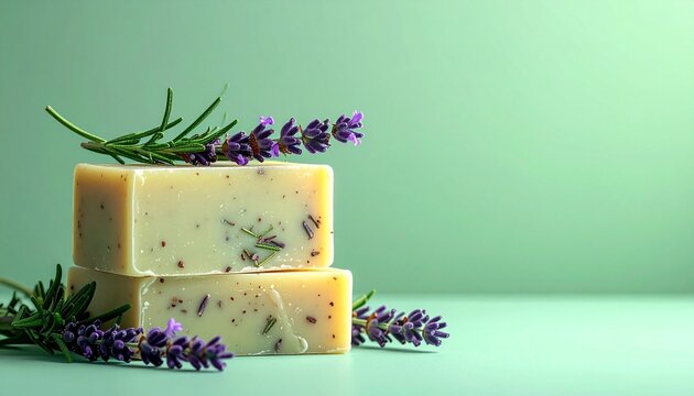 Naturseife mit Kr&auml;utern auf gr&uuml;nem Farbverlauf